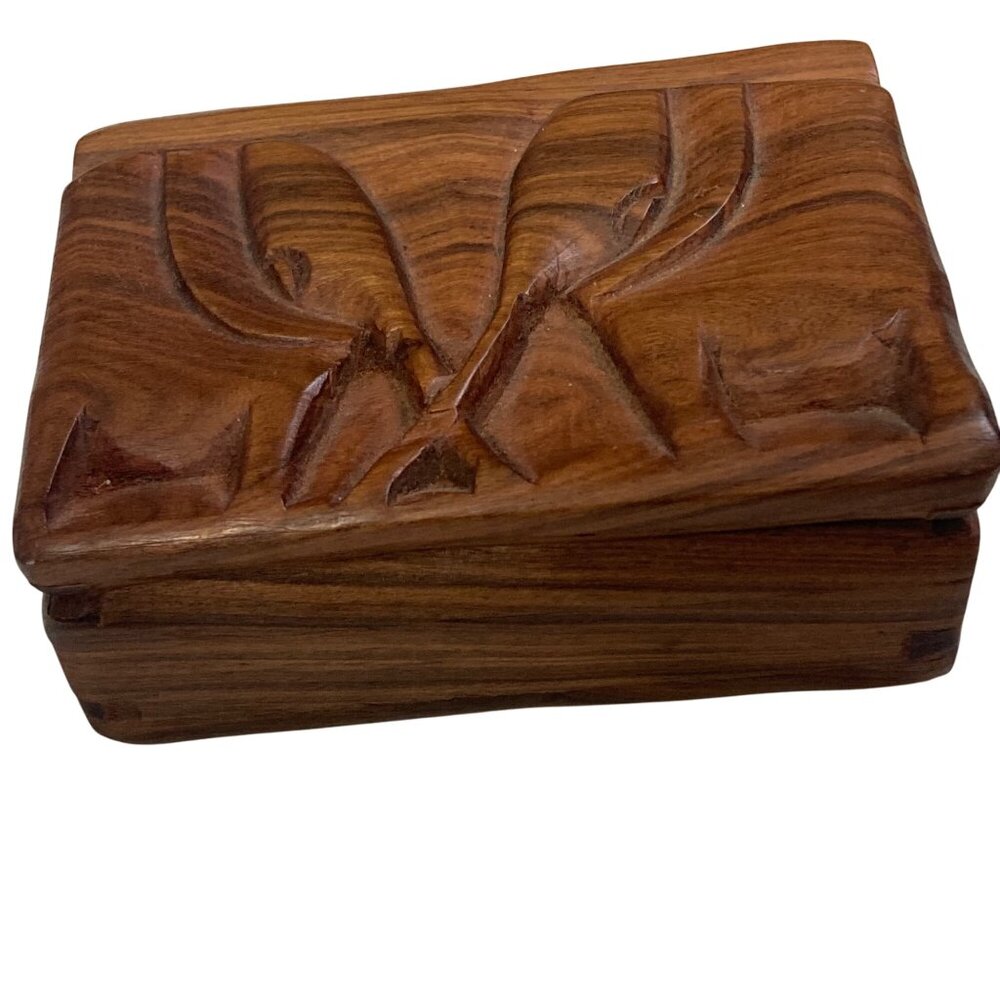 Vintage Elephant Carved Wood Jewelry Box Trinket Box Hinged Lid 4.5x3.5 - Picture 2 of 8